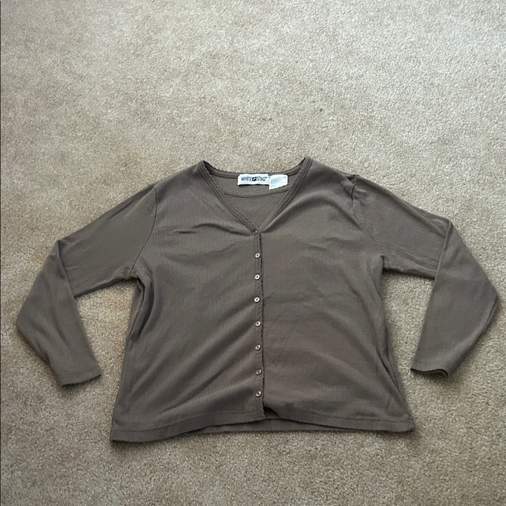 White Stag Taupe Ribbed V-Neck Top